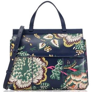 RARE Tory Burch Block-T Top-Handle Satchel Bag Navy Floral Print